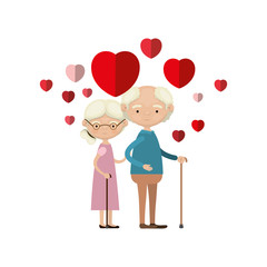 colorful caricature full body elderly couple embraced with floating hearts grandfather in walking stick and grandmother with collected hair and glasses