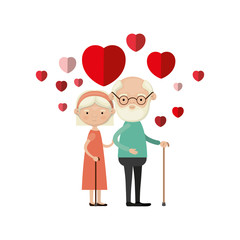 colorful caricature full body elderly couple embraced with floating hearts beard grandfather in walking stick and grandmother with bow lace and short hair