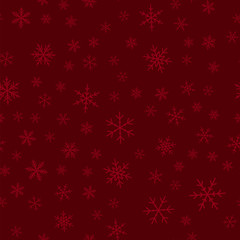 Naklejka na ściany i meble Transparent snowflakes seamless pattern on wine red Christmas background. Chaotic scattered transparent snowflakes. Curious Christmas creative pattern. Vector illustration.