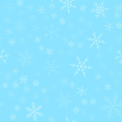 Transparent snowflakes seamless pattern on turquoise Christmas background. Chaotic scattered transparent snowflakes. Remarkable Christmas creative pattern. Vector illustration.