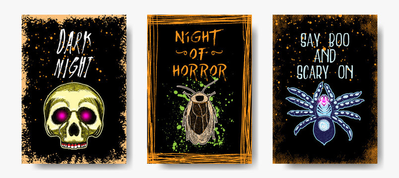 Halloween hand drawn invitation flyers or greeting cards set. Set of Halloween holidays, handmade posters and post card with handwritten calligraphy words quotes and phrases. Vector.