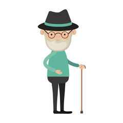 colorful full body elderly man in walking stick with beard and hat with glasses