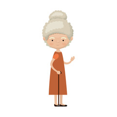 colorful full body elderly woman in walking stick with dress and curly collected hairstyle