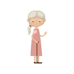 colorful full body elderly woman in walking stick with dress and ponytail side hairstyle