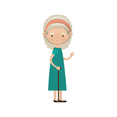 colorful full body elderly woman in walking stick with dress and bow lace and curly hairstyle