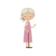 colorful full body elderly woman in walking stick with dress and side collected hairstyle