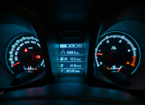 Close Up Shot Of A Speedometer And Interior Modern Car Console.