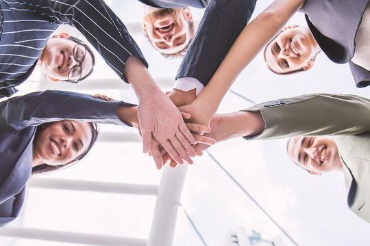 Underneath View Of Business Team Hands Together, Group Of Business People With Their Hands Holding Together,banner Of International Business Sucessful Team Concept