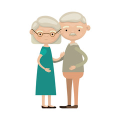 colorful full body elderly couple embraced grandmother short hairstyle in dress and grandfather with moustache