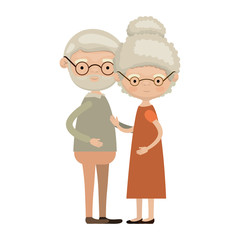 colorful full body elderly couple embraced grandfather with beard and glasses with grandmother curly collected hairstyle in dress