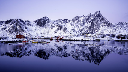 reflection of a village of Lofoten
