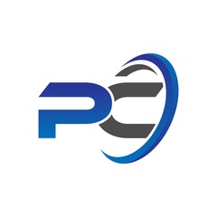 vector initial logo letters pc with circle swoosh blue gray