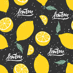 Lemon seamless pattern with lettering on black background. Vector illustration - 169064788