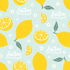 Lemon seamless pattern with lettering on blue background. Vector illustration - 169064792