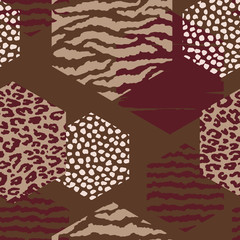 Abstract geometric seamless pattern with animal print and hexagons.