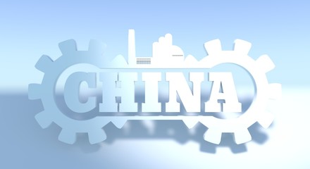 Energy and Power icons. Sustainable energy generation and heavy industry. China word decorated by gear. 3D rendering.