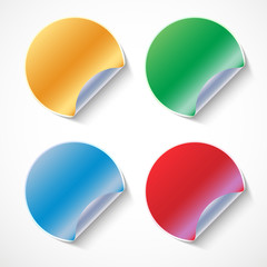 Collection of colored curled sticky stickers - red, blue, yellow, green. Round banner, 3D illustration template for your design on white background.