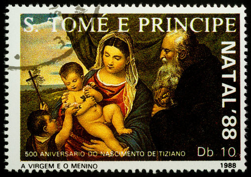 Painting "Mary with St. Anthony" by Titian on postage stamp
