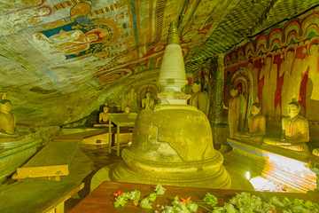 12 Century Dambulla Cave Golden Temple And Statues. Dambulla Cave Golden Temple Is The Largest And Best-Preserved Cave Temple Complex In Sri Lanka