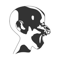 Demonic ugly face. Devil scream character. Demon or monster screaming with in an open mouth as a side view horror face. Head textured by curved stripes