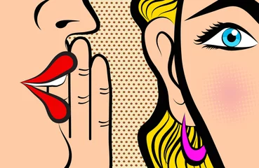 Wall murals Best sellers Collections Retro Pop Art style Comic Style Book panel gossip girl whispering in ear secrets with pink cheek, rumor, word-of-mouth concept vector illustration