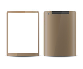 Golden realistic tablet with white screen on white background vector. Realistic tablet from different sides