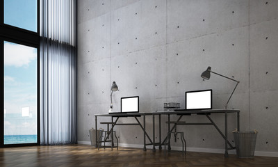 The interior design of loft work station and laptop notebook computer and sea view