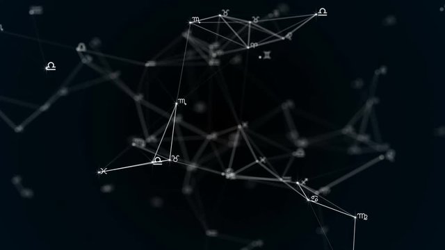Beautiful plexus with zodiac signs, stars. Group of stars forming a constellation. Loop Animation.