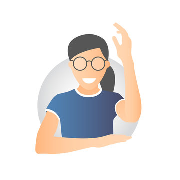 Ready, willing to answer or help caucasian girl in glasses. Flat gradient icon of european pretty woman with hand up. Simply editable isolated on white vector sign