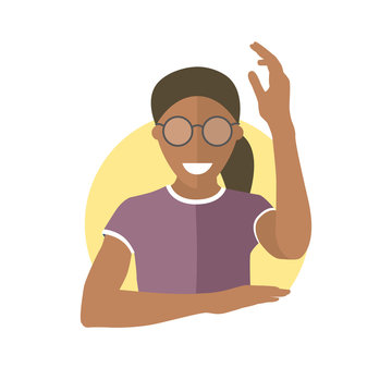 Ready, willing to answer or help black girl in glasses. Flat design icon of african pretty woman with hand up. Simply editable isolated on white vector sign
