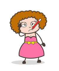 Cartoon Ill Woman with Fever Thermometer in Mouth Vector