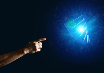 Science medicine and technology concepts as DNA molecule on dark background with connection lines