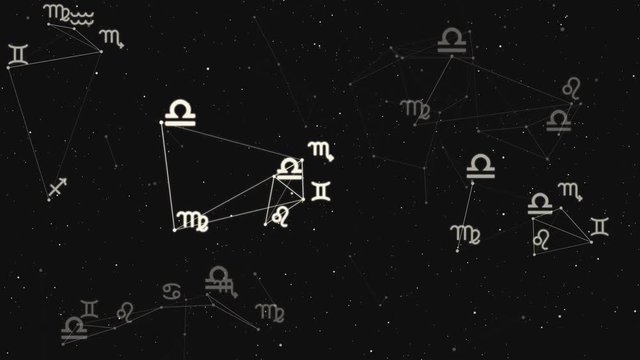 Beautiful plexus with zodiac signs, stars. Group of stars forming a constellation.