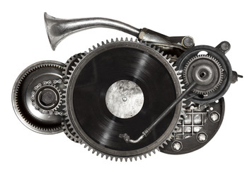 Steampunk old metal collage of vinyl record turntable