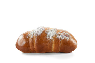 Close up studio shot of a delicious freshly baked sweet bun isolated on white dessert pastry nutrition fresh bakery baking concept copyspace.