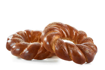 Studio shot of two delicious bagels isolated on white.