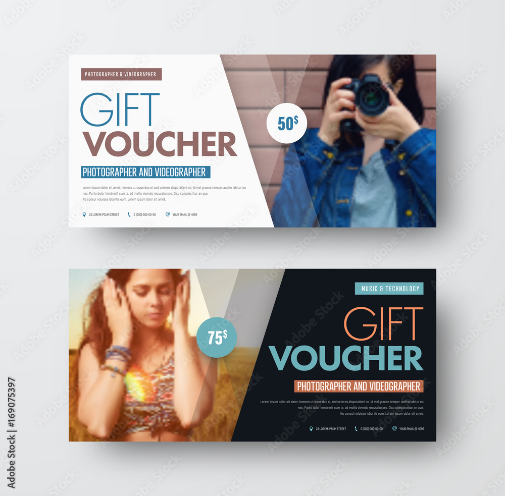 Poster vector template of a gift black and white voucher with diagonal lines and a place for a photo