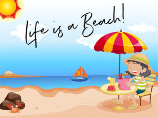 Girl sits on the beach with phrase life is a beach