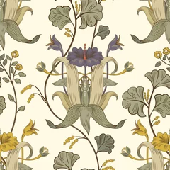 Fototapeten Floral vintage seamless pattern. Retro plants style. Vertical decorative flowers, modern motif. Colorful damask ornament © sunny_lion