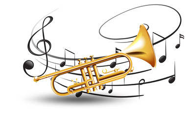Golden trumpet with music notes in background - obrazy, fototapety, plakaty