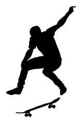 Fototapeta na wymiar Extreme sport game, skateboarder in skate park, air jump trick. Skateboard vector silhouette illustration isolated on white background. Outdoor urban action. 