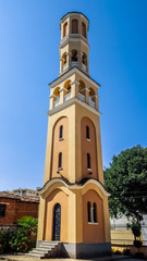 Fototapeta na wymiar Bell tower of The Nativity of Christ Autocephalous Orthodox church in the center of Shkoder, Albania, South-East Europe.