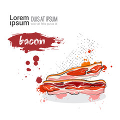 Bacon Hand Drawn Watercolor Food Meat On White Background With Copy Space Illustration