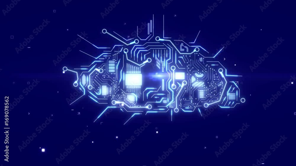 Poster cloud with a cpu technological electronics circuit board animation.