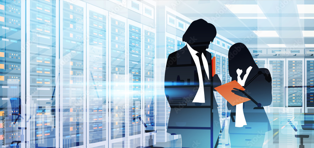 Poster silhouette people working in data center room hosting server computer information database flat vect