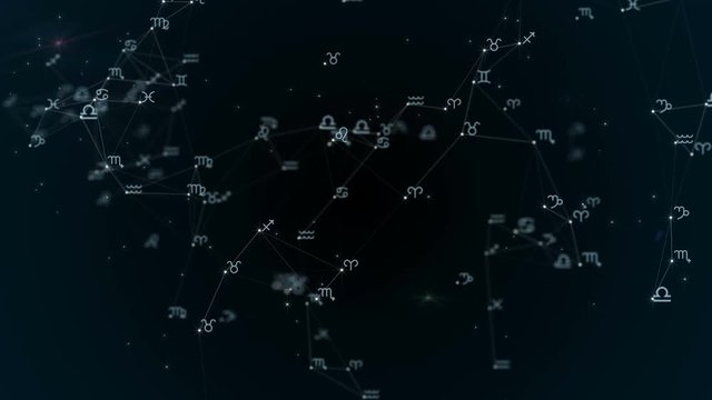 Beautiful plexus with zodiac signs, stars. Group of stars forming a constellation. Loop Animation.