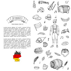 Hand drawn doodle set of Oktoberfest icons. Vector illustration set. Cartoon Bavarian elements. Sketchy October fest collection: Sausage, Barrels of Beer, Bread, Girl and Man in traditional costumes.