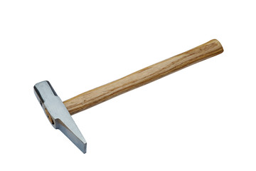 iron hammer with wooden handle on white