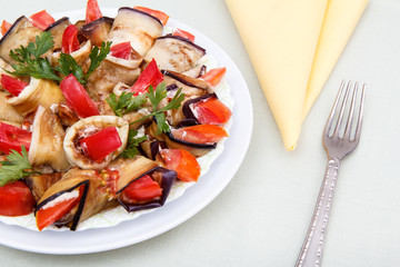 Fried eggplant slices with tomatoes and cheese sauce