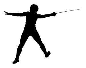 Fototapeta na wymiar Fencing player portrait vector silhouette illustration isolated on white background. Fencing competition event. Sword fighting. Swordplay training black shadow. Quick move game. Athlete man art figure